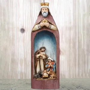 Hand-painted resin Nativity scene figurine within a King's cloak design