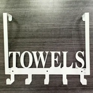 Durable white metal over-the-door towel rack with 5 hooks and TOWELS cutout design
