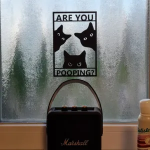 Funny black cat bathroom wall art sign featuring 'Are you pooping' quote for home decor