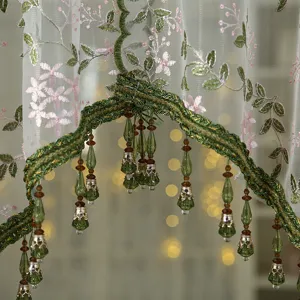French vintage lace short curtain with floral embroidery and elegant hanging bead tassels.