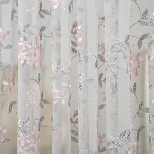 Sheer curtain floral embroidery white pink fabric elegant home decor close up detail view