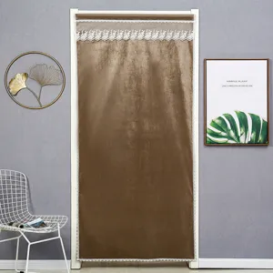 Brown velvet door curtain with elegant white lace trim for home decor and room partition.
