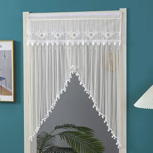 White lace door curtain mesh bedroom privacy curtain with cute pompom balls and delicate embroidery.