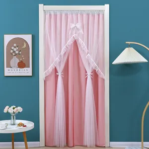 Double layer pink door curtain with white lace, elegant room partition curtain for bedroom home decor.