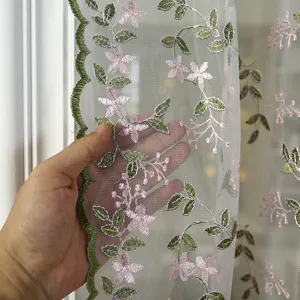 French vintage lace short curtain detail, pink floral embroidery mesh sheer fabric.
