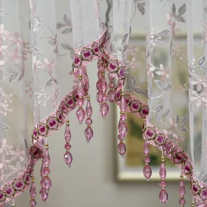 Pink embroidered lace sheer curtain with crystal bead fringe for bedroom door window decor.
