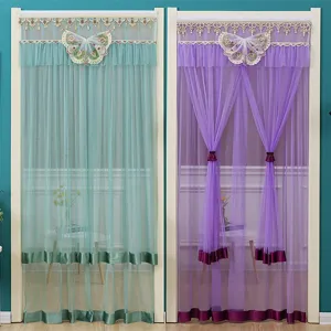 Lace Door Curtain Double Layer Mesh Anti-Mosquito Divider Curtain With Bowknot Decoration For Living Room Bedroom Home Decor