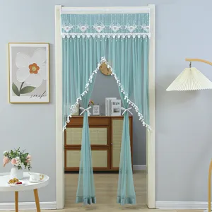 Green mesh lace door curtain with delicate embroidery and tie-back for bedroom privacy.