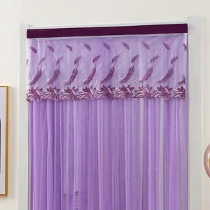 Purple lace door curtain detail view, embroidered leaf pattern, elegant bedroom partition mesh.