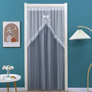 Double-layer lace door curtain with bow partition curtain for bedroom home decoration grey style