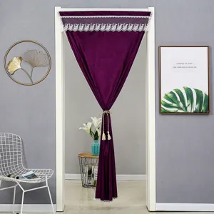 Purple velvet door curtain with white lace trim and tassel tie back for home room decor.