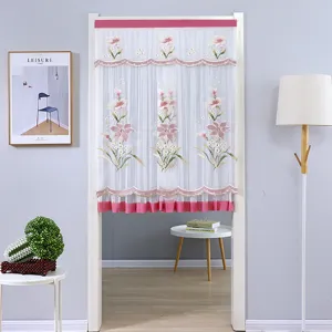 Cortina de puerta transparente blanca con bordado floral rosa separador para dormitorio