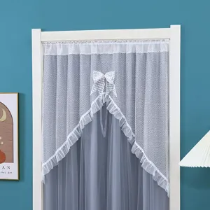 Double layer opaque lace door curtain room divider with bow knot and ruffle trim for bedroom