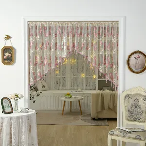 French vintage lace door curtain short curtain partition with pink flower embroidery and beads.