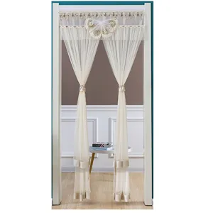 Beige double-layer lace door curtain, elegant bow and embroidery, perfect room partition.
