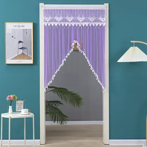 Purple lace mesh door curtain with elegant floral embroidery and pom pom trim for bedroom.