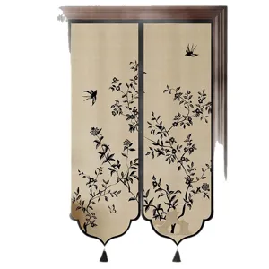 Nieuwe Chinese stijl gedeeld deurgordijn met roede, elegante zwarte vogel en bloem print.