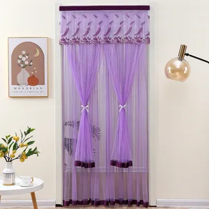 Purple lace door curtain with feather embroidery and tie-back for bedroom room divider decor.