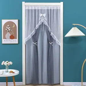 Double layer door curtain with elegant white lace and cute bow, perfect for bedroom partition.