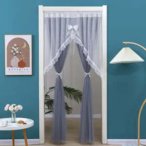 Double layer lace door curtain detail display, grey mesh fabric with cute bow and ruffles.