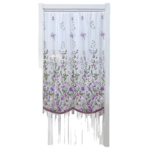 Cortina de puerta transparente blanca con bordado floral morado y borlas, decorativa chic.