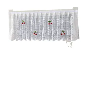 White lace short curtain with cute red cherry pendants, elegant valance for cabinet or window.