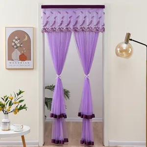 Purple lace door curtain room divider with feather embroidery for home decoration.