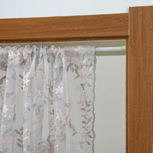 Sheer door curtain detail, white floral embroidered lace half curtain for bedroom decoration.