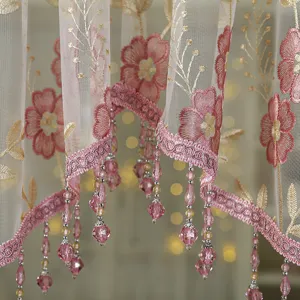 French vintage lace short curtain detail, embroidered pink floral mesh half curtain with beads.
