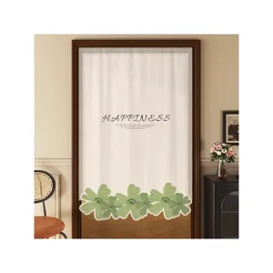 Cream style door curtain with irregular green flowers, punch-free privacy partition half curtain.