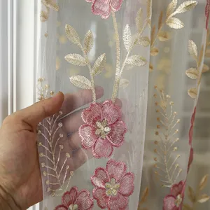 French embroidered lace door curtain sheer floral half curtain detail view for bedroom hallway.