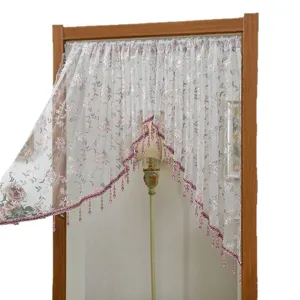 Lace door curtain valance with pink floral embroidery and purple beaded fringe for bedroom.