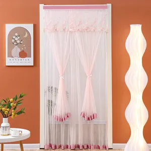 Pink lace door curtain mesh partition for bedroom privacy decorative punch free design