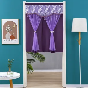 Eleganter lila Spitzen-Türvorhang Halbvorhang mit Blumenstickerei und Quaste fürs Schlafzimmer.