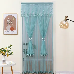 Elegant teal lace mesh door curtain bedroom decorative partition sheer privacy drape.