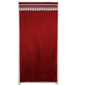 Red Velvet Door Curtain Blackout Thermal Curtain with White Lace Trim for Room Divider