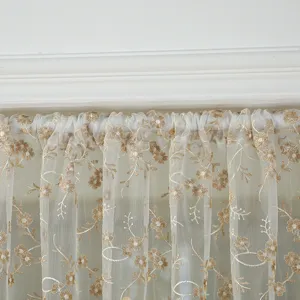 French vintage lace short curtain detail, white sheer floral embroidered door curtain