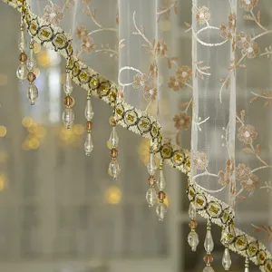 French retro lace short curtain detail, elegant floral embroidery and hanging beaded fringe trim.