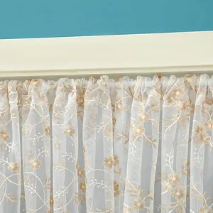 Korean style lace short curtain with golden floral embroidery, perfect home decor for kitchen.