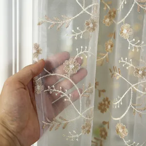 French retro lace short curtain detail showcasing delicate gold embroidery and sheer fabric texture