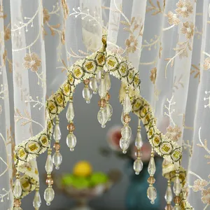 Korean style lace half curtain sheer window gauze with embroidered flowers and beaded fringe.