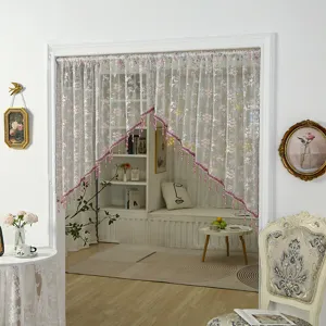 French lace door curtain, retro short curtain partition, floral embroidery detail scene.