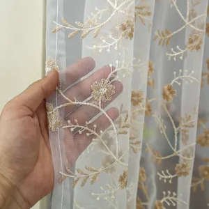 Close-up of white lace sheer curtain with delicate embroidered floral patterns and texture.