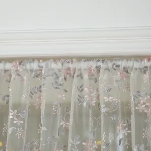 Exquisite sheer lace curtain detail, vintage floral embroidery, perfect for home decor.