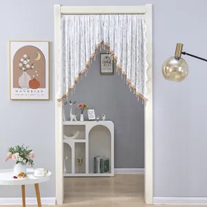 French country style white lace door curtain with gold tassels, elegant room decor.
