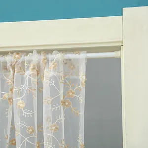Korean lace sheer half curtain detail, white mesh with gold floral embroidery, rod pocket.