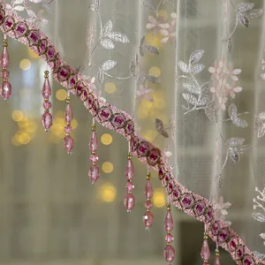 French retro lace short door curtain embroidered sheer curtain with pink crystal bead fringe