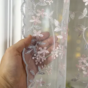 French vintage sheer curtain detail, pink floral embroidery mesh fabric, elegant home decor.