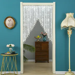 Korean style white lace door curtain with floral embroidery and tassel fringe for home decor.