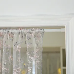 French retro lace short curtain detail, exquisite pink and grey floral embroidery mesh.